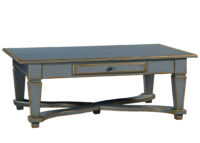 Cliveden transitional coffee cocktail table with x stretcher and drawer by Woodland furniture in Idaho Falls
