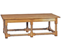 Cheltenham transitional traditional coffee cocktail table with turned spindle legs and stretchers by Woodland furniture in Idaho Falls